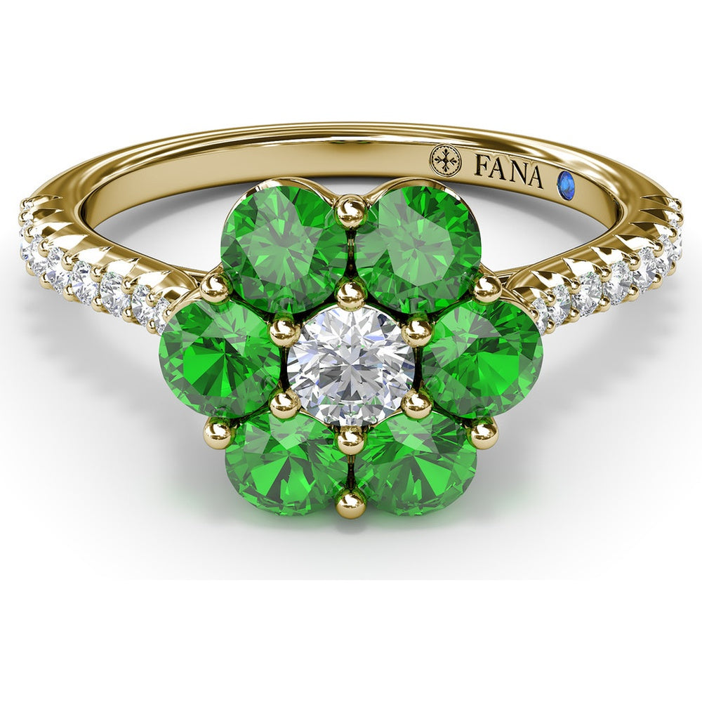 Magnolia Flower Ring with Round Diamond Center and Emerald Petals by Fana - 1.26 Carat Total Gemstone Weight