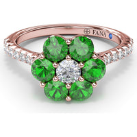 Magnolia Flower Ring with Round Diamond Center and Emerald Petals by Fana - 1.26 Carat Total Gemstone Weight