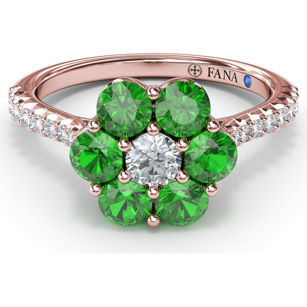 Magnolia Flower Ring with Round Diamond Center and Emerald Petals by Fana - 1.26 Carat Total Gemstone Weight