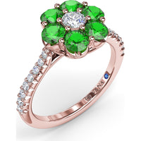 Magnolia Flower Ring with Round Diamond Center and Emerald Petals by Fana - 1.26 Carat Total Gemstone Weight