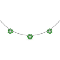 Magnolia Flower Station Necklace with Pavé Diamond Centers and Round Emeralds by Fana - 3.24 Carat Total Gemstone Weight