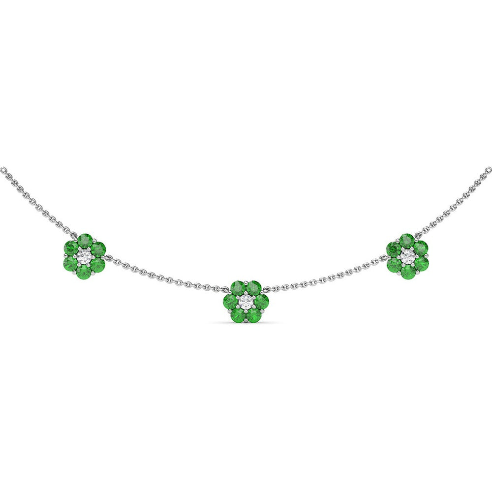 Magnolia Flower Station Necklace with Pavé Diamond Centers and Round Emeralds by Fana - 3.24 Carat Total Gemstone Weight