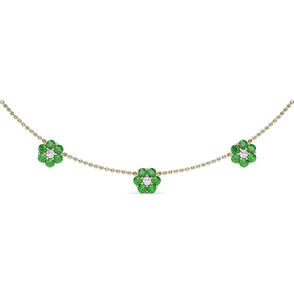 Magnolia Flower Station Necklace with Pavé Diamond Centers and Round Emeralds by Fana - 3.24 Carat Total Gemstone Weight