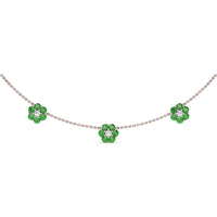 Magnolia Flower Station Necklace with Pavé Diamond Centers and Round Emeralds by Fana - 3.24 Carat Total Gemstone Weight