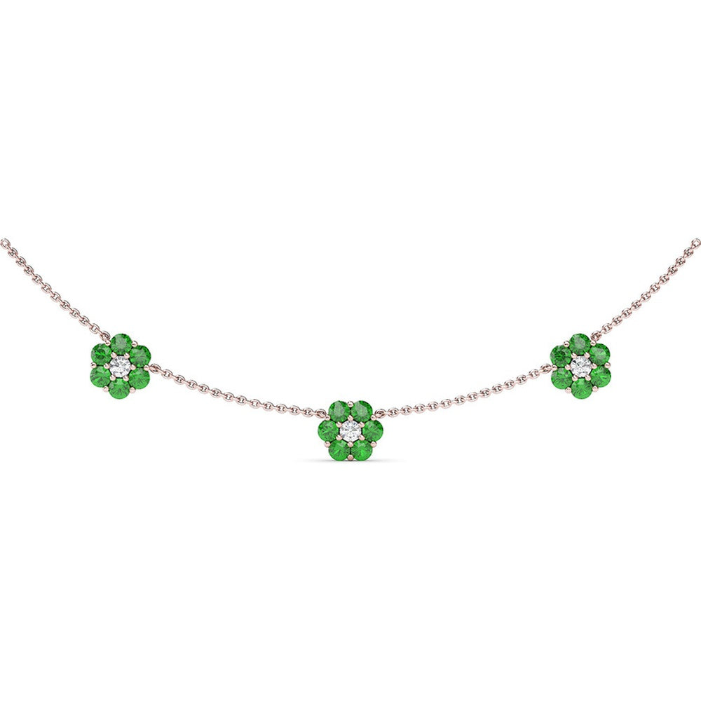 Magnolia Flower Station Necklace with Pavé Diamond Centers and Round Emeralds by Fana - 3.24 Carat Total Gemstone Weight