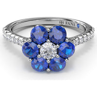 Magnolia Inspired Ring with Round Sapphire Petals, Diamond Center and Pavé Band by Fana - 1.50 Carat Total Gemstone Weight