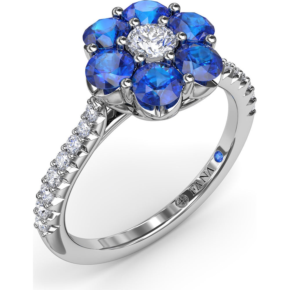 Magnolia Inspired Ring with Round Sapphire Petals, Diamond Center and Pavé Band by Fana - 1.50 Carat Total Gemstone Weight