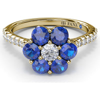Magnolia Inspired Ring with Round Sapphire Petals, Diamond Center and Pavé Band by Fana - 1.50 Carat Total Gemstone Weight