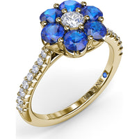 Magnolia Inspired Ring with Round Sapphire Petals, Diamond Center and Pavé Band by Fana - 1.50 Carat Total Gemstone Weight