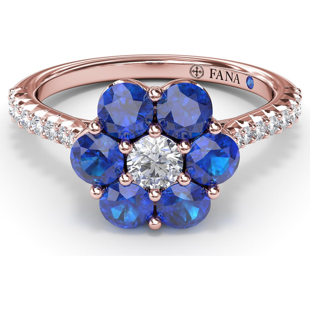 Magnolia Inspired Ring with Round Sapphire Petals, Diamond Center and Pavé Band by Fana - 1.50 Carat Total Gemstone Weight