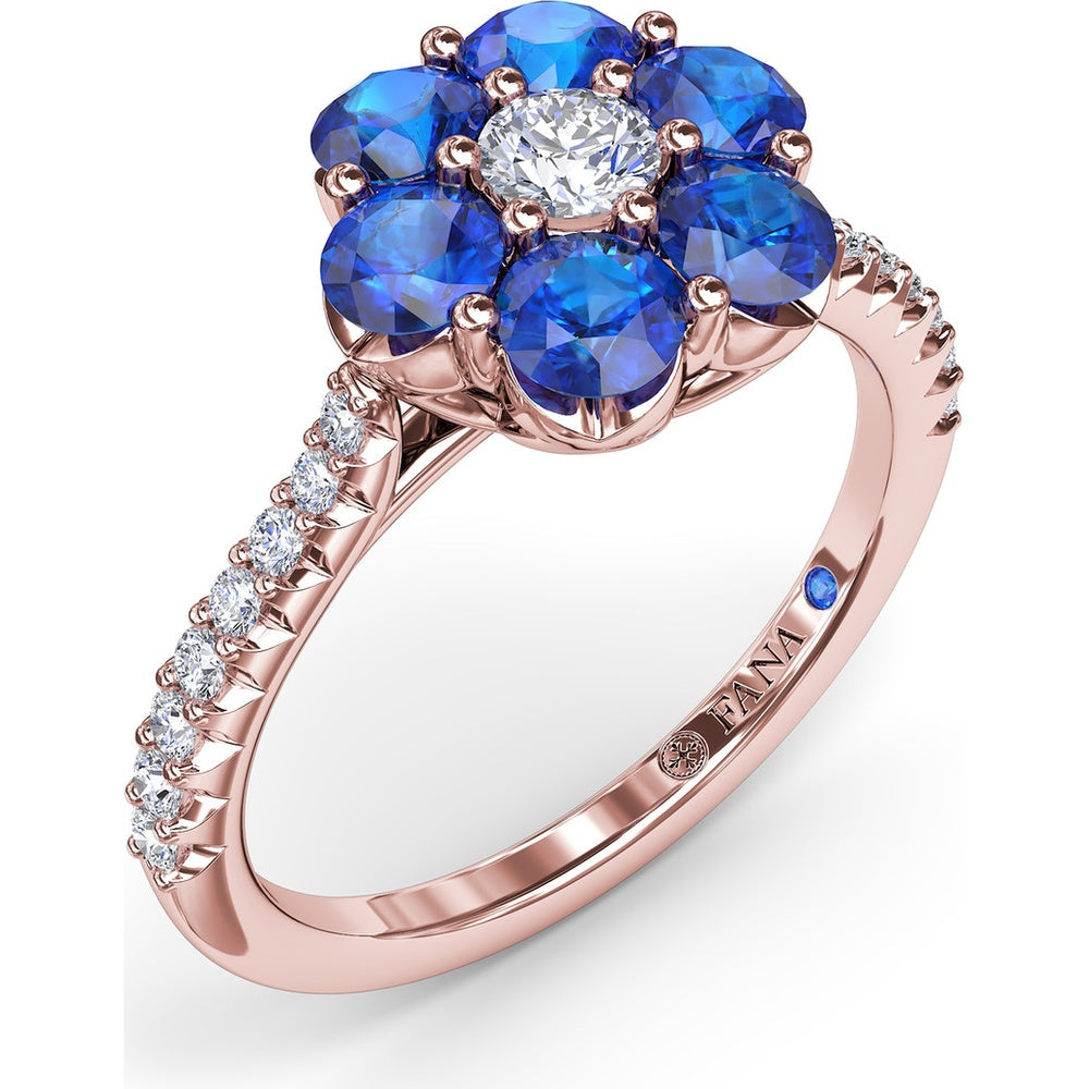 Magnolia Inspired Ring with Round Sapphire Petals, Diamond Center and Pavé Band by Fana - 1.50 Carat Total Gemstone Weight