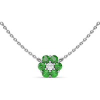 Magnolia Motif Pendant Necklace with Round Diamond Center and Emerald Cluster by Fana - 1.08 Carat Total Gemstone Weight