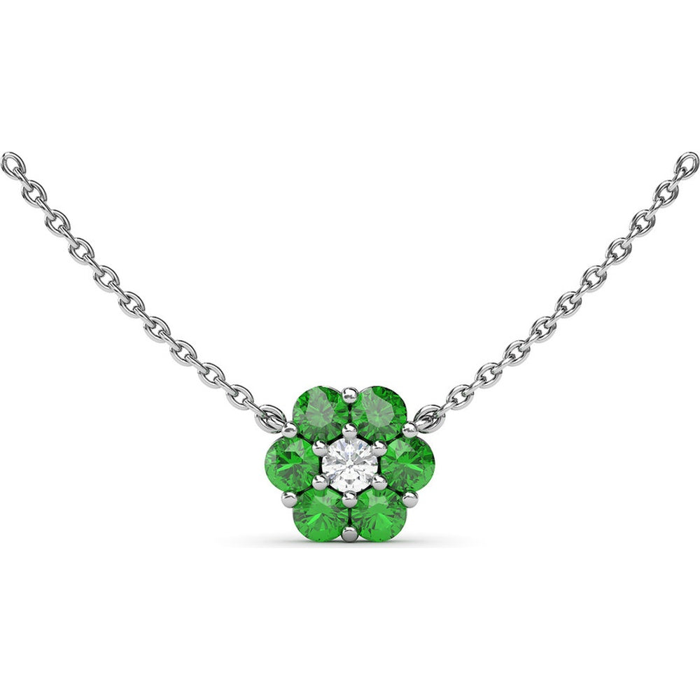 Magnolia Motif Pendant Necklace with Round Diamond Center and Emerald Cluster by Fana - 1.08 Carat Total Gemstone Weight