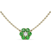 Magnolia Motif Pendant Necklace with Round Diamond Center and Emerald Cluster by Fana - 1.08 Carat Total Gemstone Weight