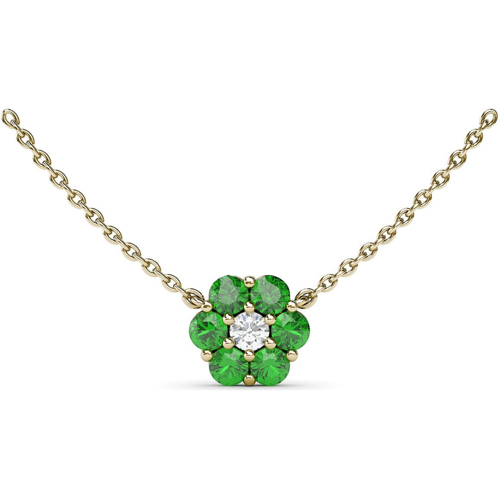 Magnolia Motif Pendant Necklace with Round Diamond Center and Emerald Cluster by Fana - 1.08 Carat Total Gemstone Weight