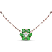 Magnolia Motif Pendant Necklace with Round Diamond Center and Emerald Cluster by Fana - 1.08 Carat Total Gemstone Weight