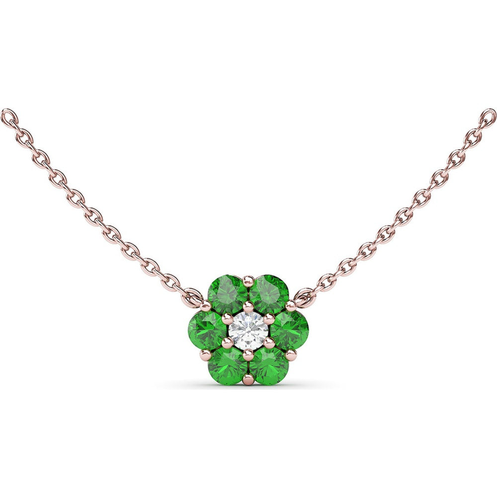 Magnolia Motif Pendant Necklace with Round Diamond Center and Emerald Cluster by Fana - 1.08 Carat Total Gemstone Weight
