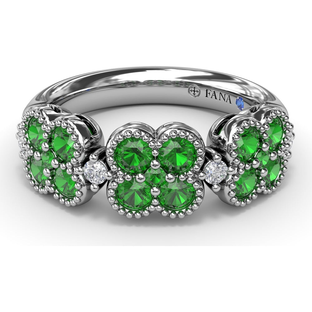 Magnolia Ring with Round Emerald Floral Clusters and Diamond Accents by Fana - 1.12 Carat Total Gemstone Weight