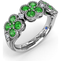 Magnolia Ring with Round Emerald Floral Clusters and Diamond Accents by Fana - 1.12 Carat Total Gemstone Weight