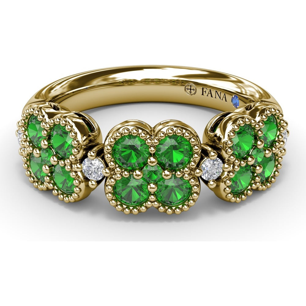 Magnolia Ring with Round Emerald Floral Clusters and Diamond Accents by Fana - 1.12 Carat Total Gemstone Weight