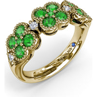 Magnolia Ring with Round Emerald Floral Clusters and Diamond Accents by Fana - 1.12 Carat Total Gemstone Weight