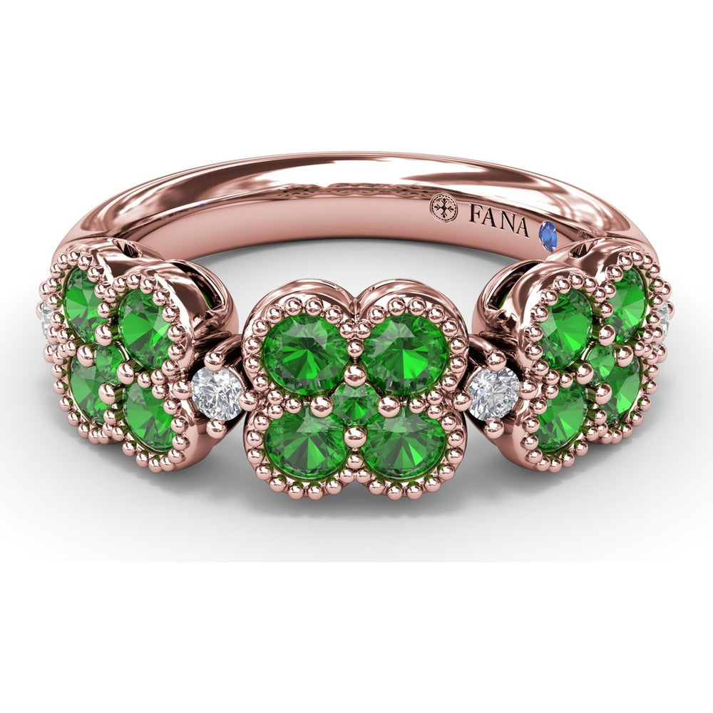 Magnolia Ring with Round Emerald Floral Clusters and Diamond Accents by Fana - 1.12 Carat Total Gemstone Weight