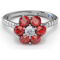 Magnolia Ring with Round Ruby Petals and Pavé Diamond Band by Fana - 1.50 Carat Total Gemstone Weight