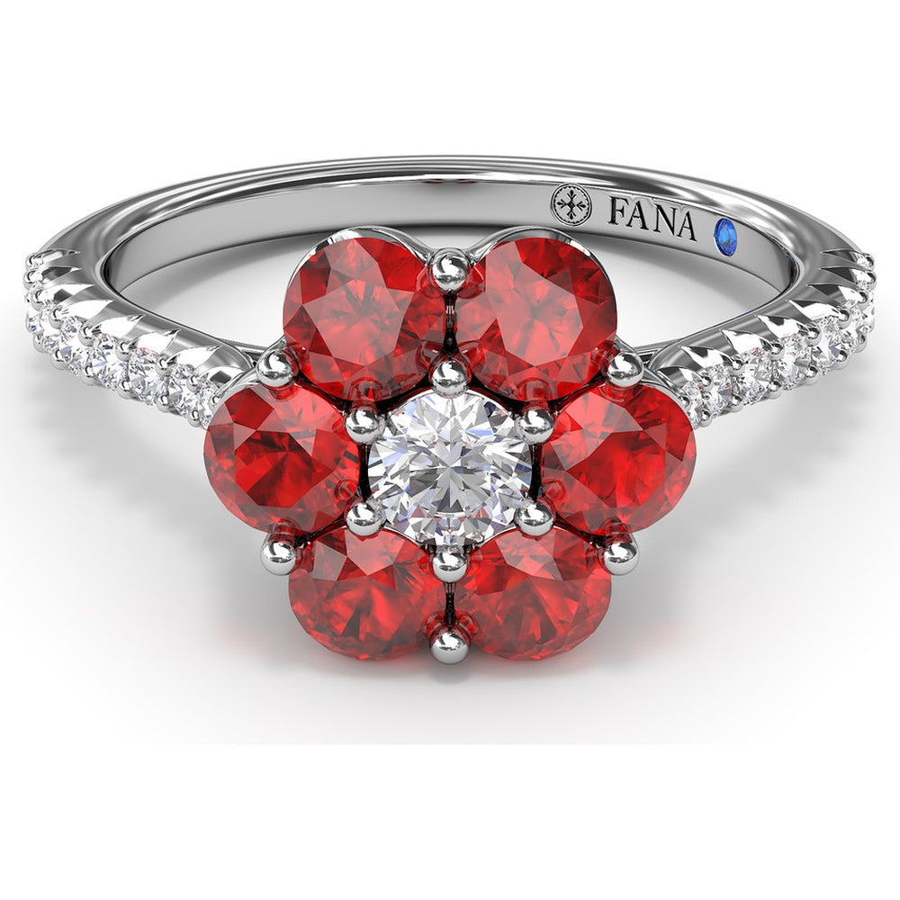 Magnolia Ring with Round Ruby Petals and Pavé Diamond Band by Fana - 1.50 Carat Total Gemstone Weight