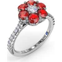 Magnolia Ring with Round Ruby Petals and Pavé Diamond Band by Fana - 1.50 Carat Total Gemstone Weight