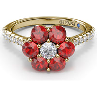 Magnolia Ring with Round Ruby Petals and Pavé Diamond Band by Fana - 1.50 Carat Total Gemstone Weight
