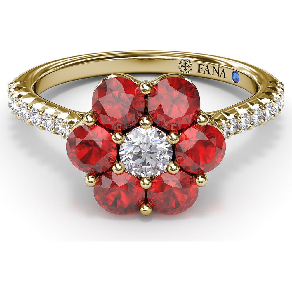 Magnolia Ring with Round Ruby Petals and Pavé Diamond Band by Fana - 1.50 Carat Total Gemstone Weight