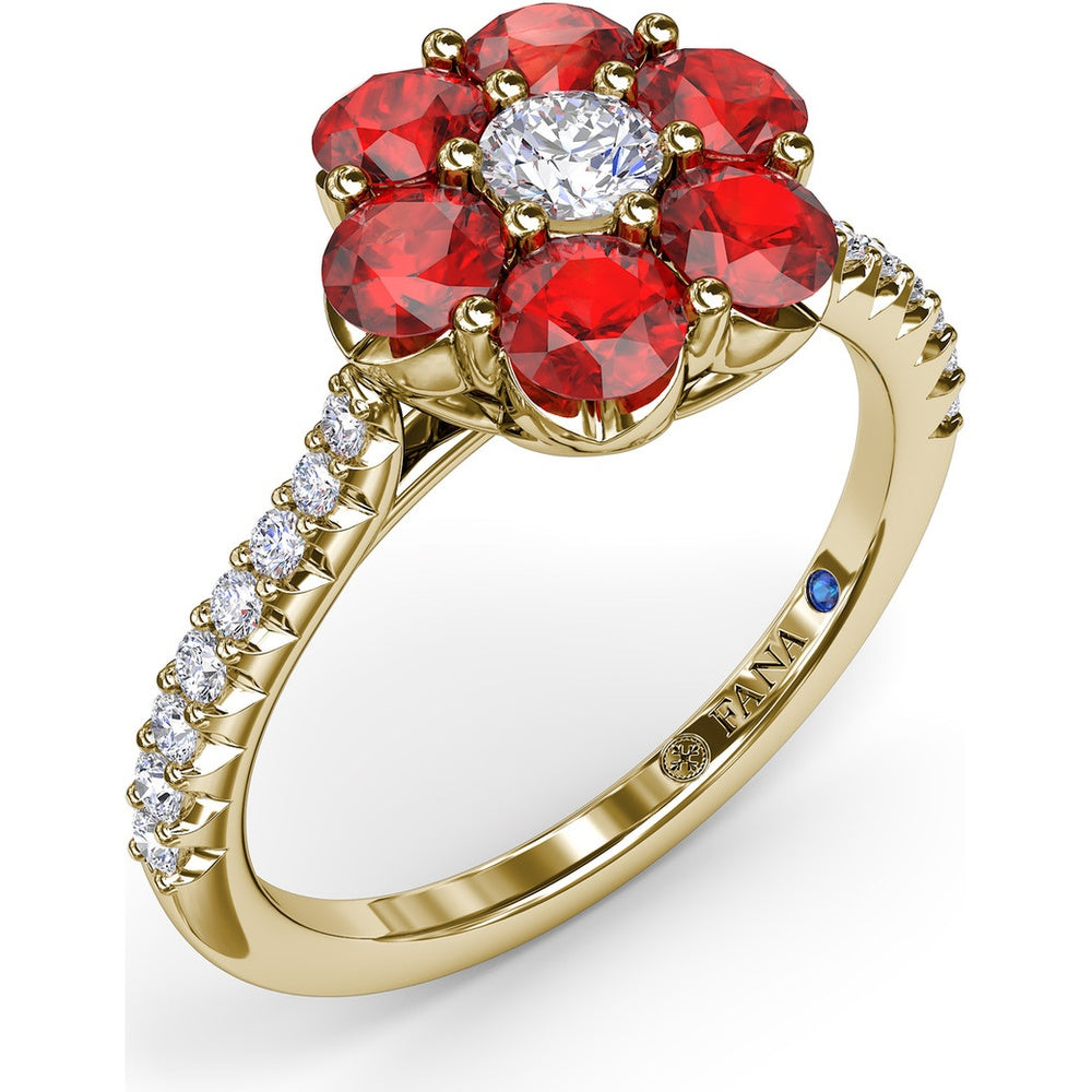 Magnolia Ring with Round Ruby Petals and Pavé Diamond Band by Fana - 1.50 Carat Total Gemstone Weight