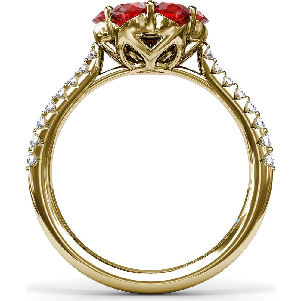 Magnolia Ring with Round Ruby Petals and Pavé Diamond Band by Fana - 1.50 Carat Total Gemstone Weight