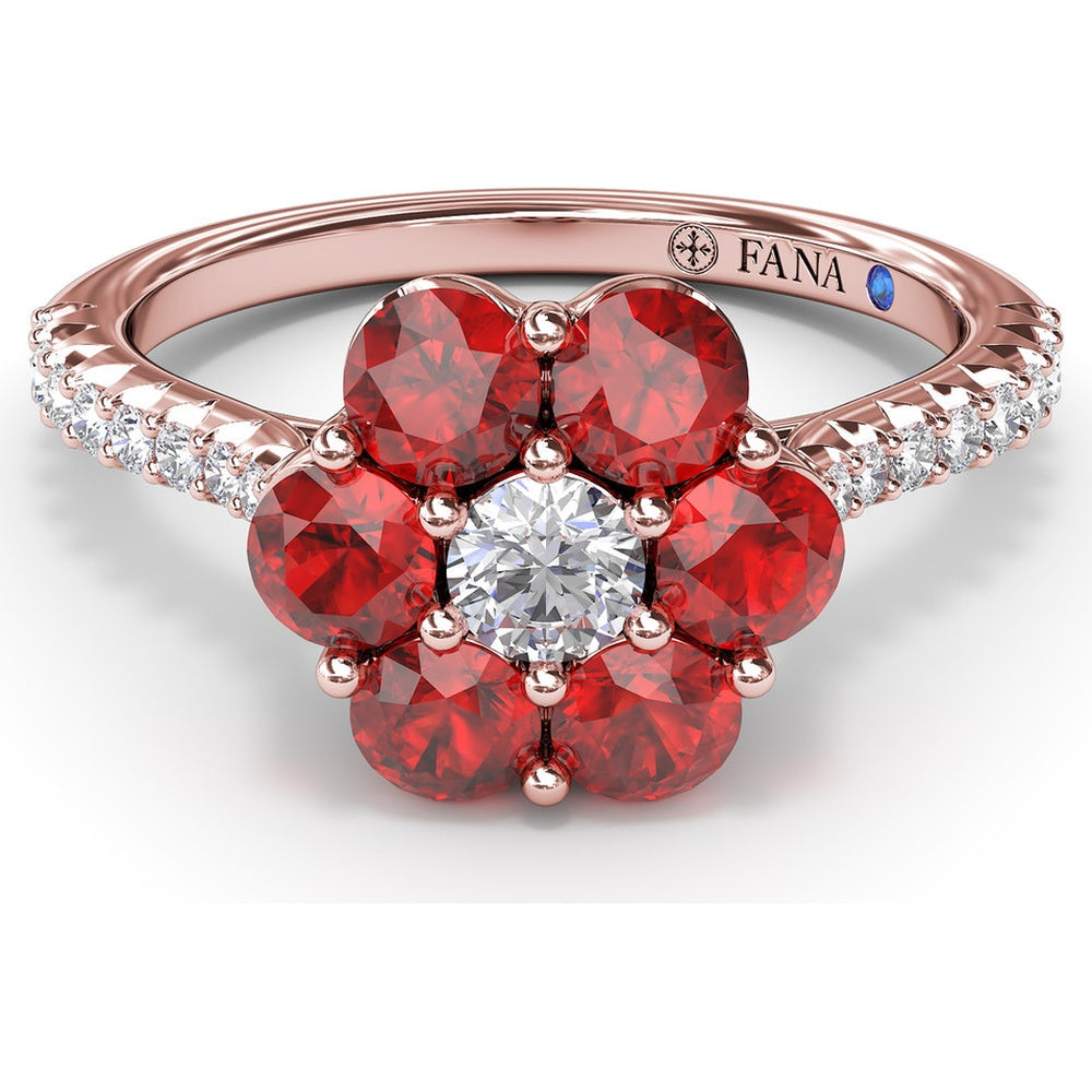 Magnolia Ring with Round Ruby Petals and Pavé Diamond Band by Fana - 1.50 Carat Total Gemstone Weight