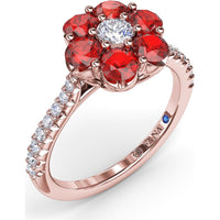 Magnolia Ring with Round Ruby Petals and Pavé Diamond Band by Fana - 1.50 Carat Total Gemstone Weight