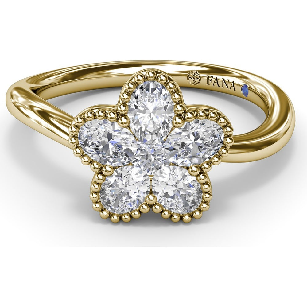 Magnolia Wave Ring with Floral Set Oval Diamonds and Milgrain Border by Fana - 0.68 Carat Total Diamond Weight