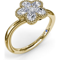 Magnolia Wave Ring with Floral Set Oval Diamonds and Milgrain Border by Fana - 0.68 Carat Total Diamond Weight