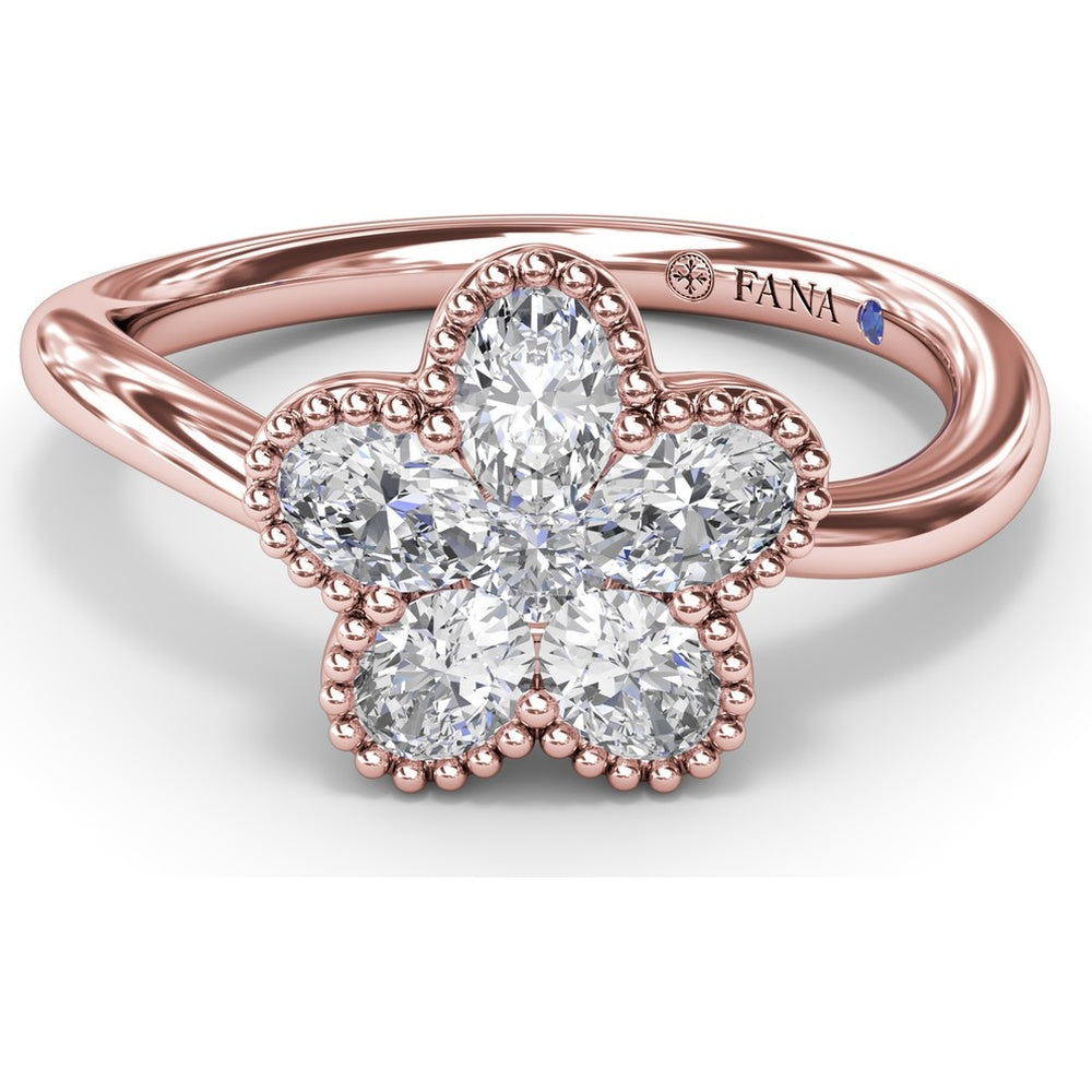 Magnolia Wave Ring with Floral Set Oval Diamonds and Milgrain Border by Fana - 0.68 Carat Total Diamond Weight