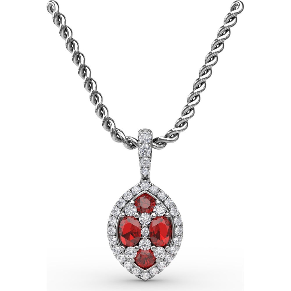 Marquise Cluster Ruby and Pavé Diamond Halo Pendant with Twisted Rope Chain by Fana - 1.05 Carat Total Gemstone Weight