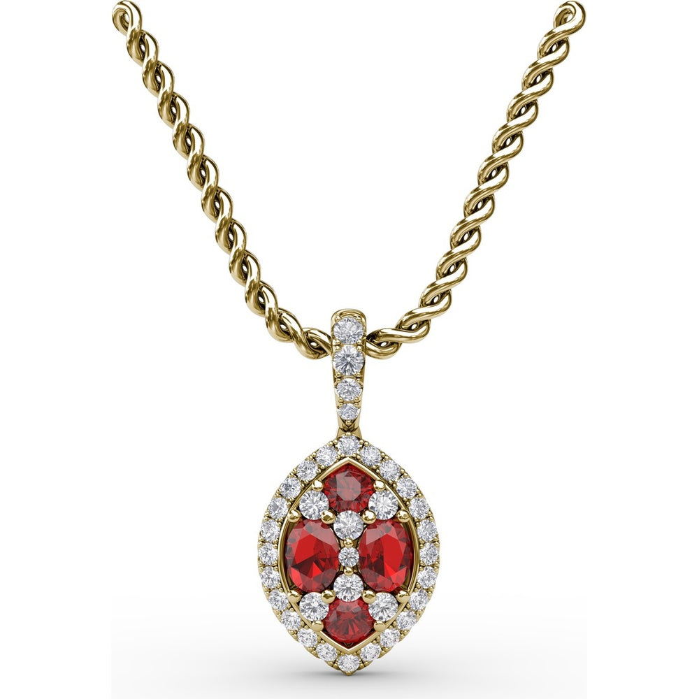 Marquise Cluster Ruby and Pavé Diamond Halo Pendant with Twisted Rope Chain by Fana - 1.05 Carat Total Gemstone Weight