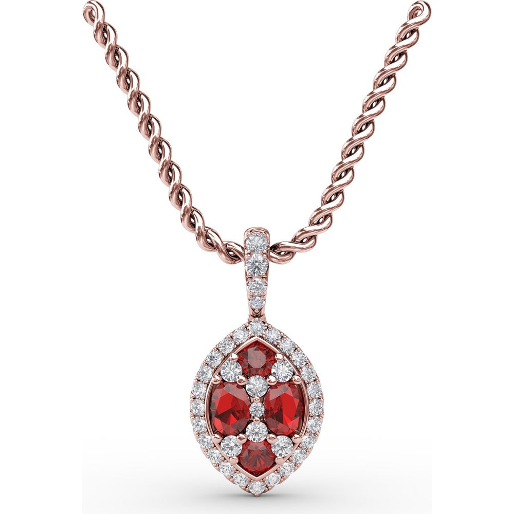 Marquise Cluster Ruby and Pavé Diamond Halo Pendant with Twisted Rope Chain by Fana - 1.05 Carat Total Gemstone Weight