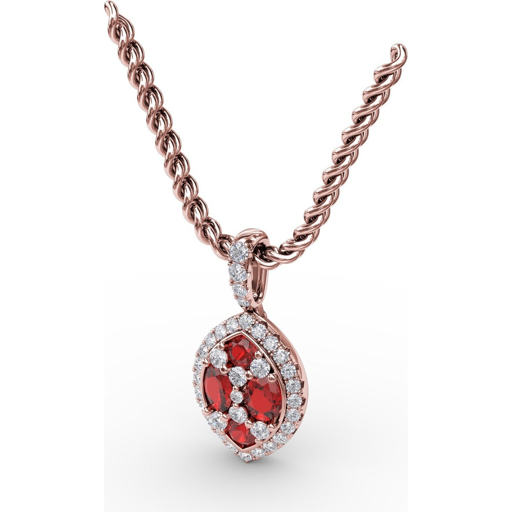 Marquise Cluster Ruby and Pavé Diamond Halo Pendant with Twisted Rope Chain by Fana - 1.05 Carat Total Gemstone Weight