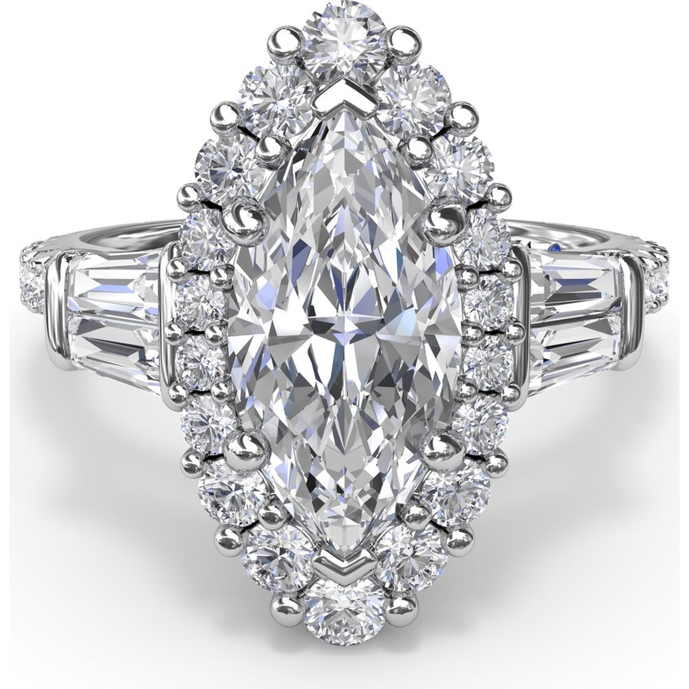 Marquise Engagement Ring Setting with Diamond Halo and Baguette Side Stones by Fana - 1.25 Carat Total Diamond Weight