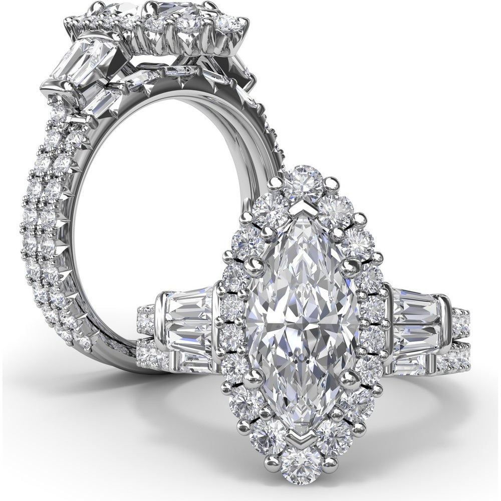 Marquise Engagement Ring Setting with Diamond Halo and Baguette Side Stones by Fana - 1.25 Carat Total Diamond Weight