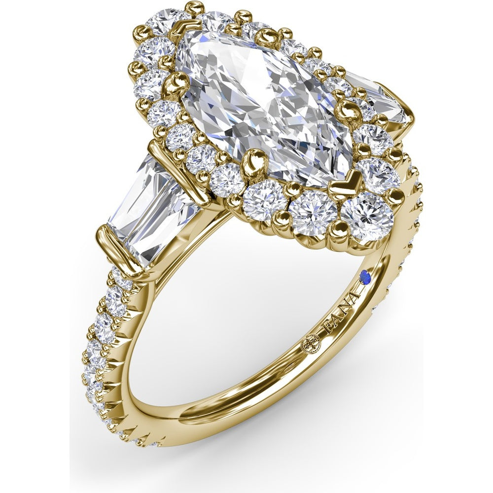 Marquise Engagement Ring Setting with Diamond Halo and Baguette Side Stones by Fana - 1.25 Carat Total Diamond Weight