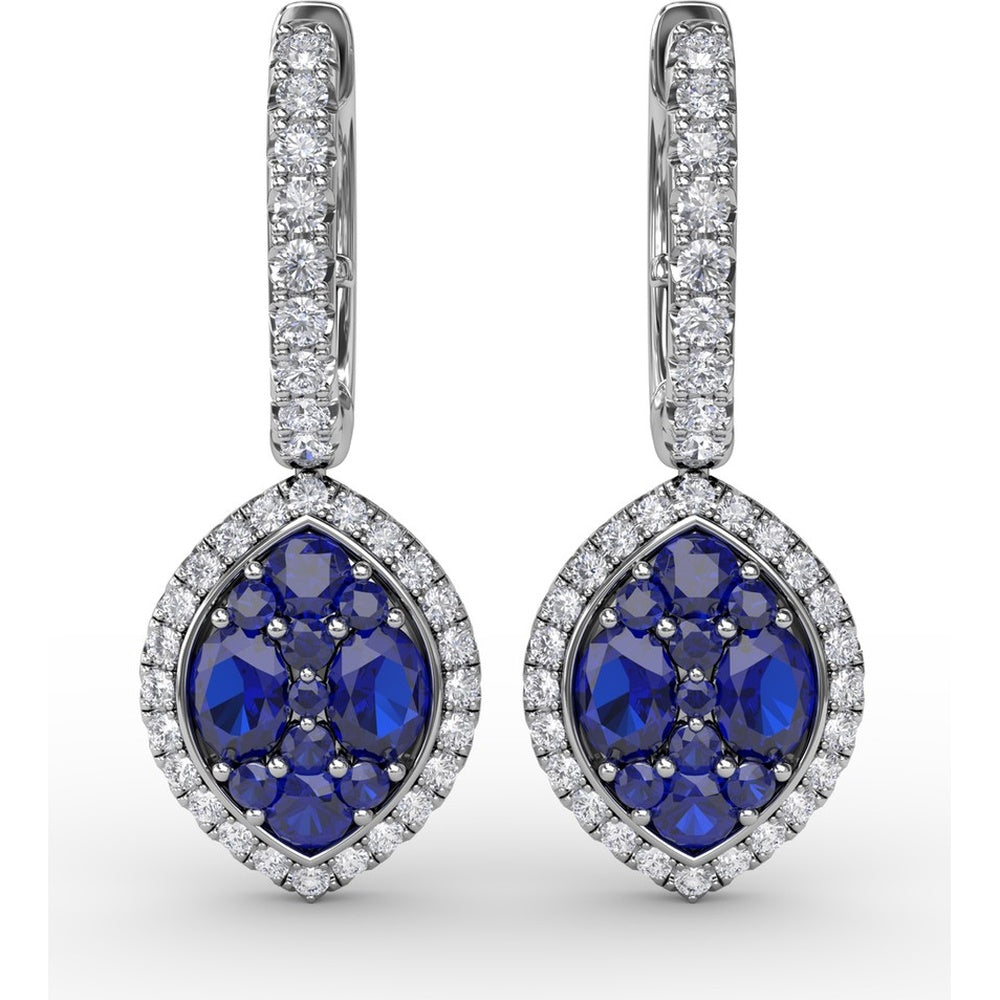 Marquise Shaped Dangle Earrings with Cluster Sapphires and Diamond Halo by Fana - 2.06 Carat Total Gemstone Weight