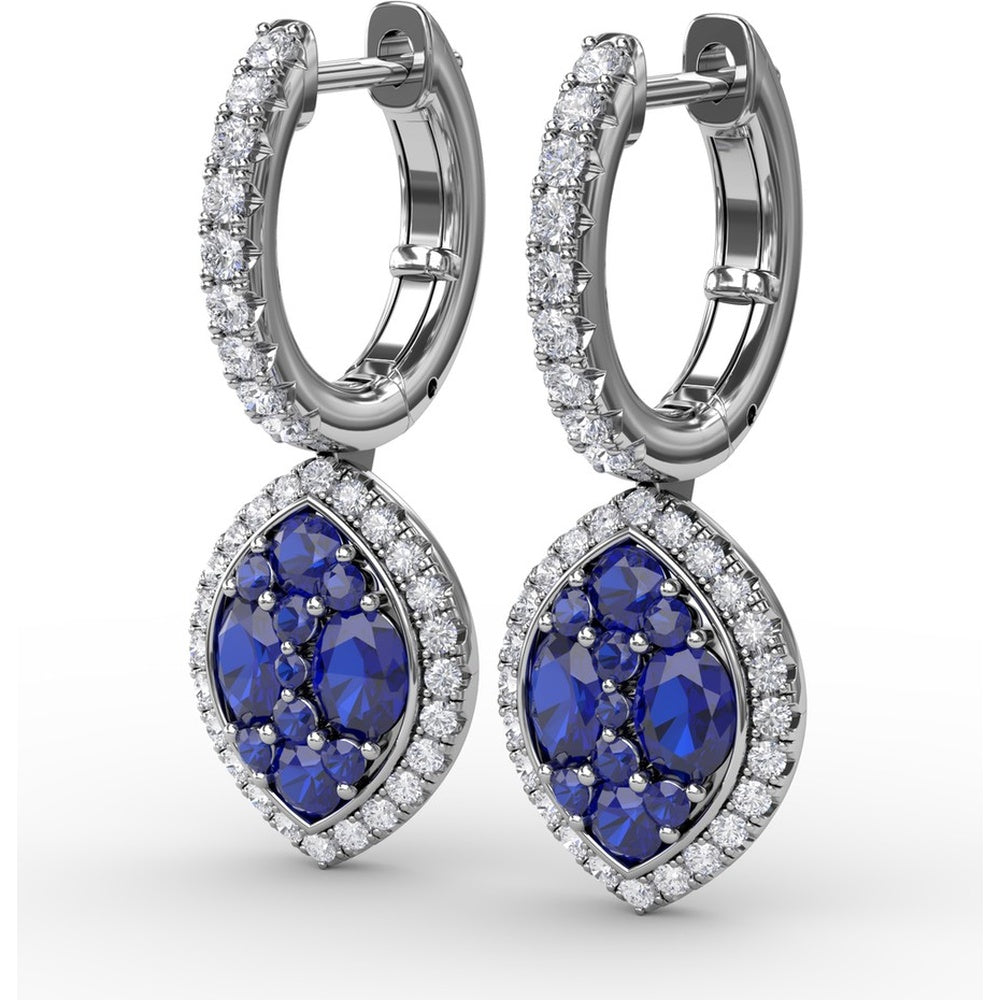 Marquise Shaped Dangle Earrings with Cluster Sapphires and Diamond Halo by Fana - 2.06 Carat Total Gemstone Weight
