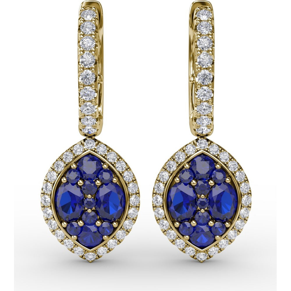Marquise Shaped Dangle Earrings with Cluster Sapphires and Diamond Halo by Fana - 2.06 Carat Total Gemstone Weight