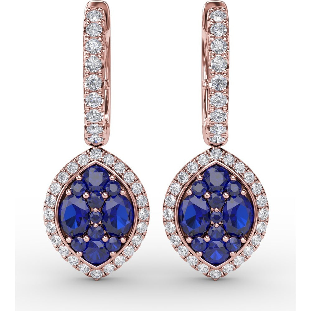 Marquise Shaped Dangle Earrings with Cluster Sapphires and Diamond Halo by Fana - 2.06 Carat Total Gemstone Weight