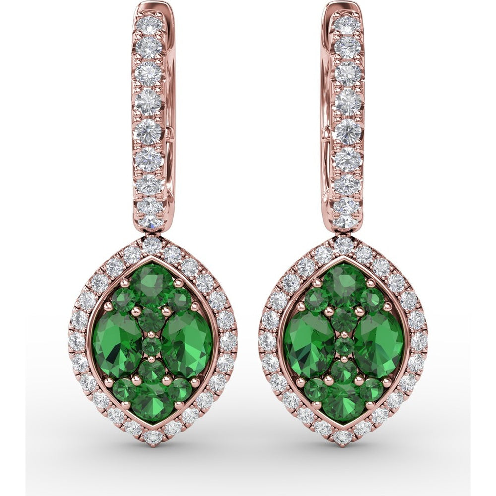 Marquise Shaped Dangle Earrings with Emerald Clusters and Diamond Halos by Fana - 1.74 Carat Total Gemstone Weight